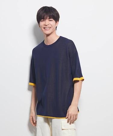 リファービッシュ 袖バイカラー配色ジャガードニットＴシャツ