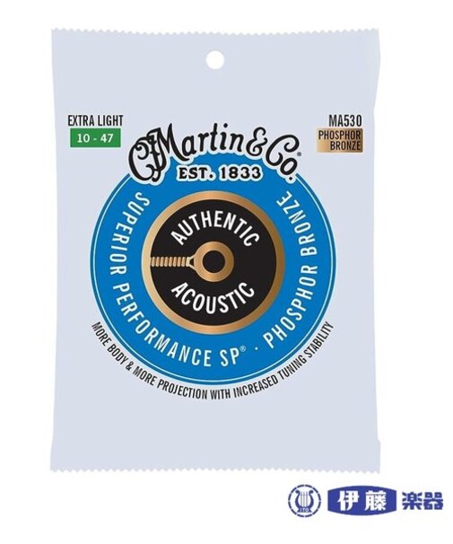 アコースティックギター弦　Martin マーチンMA-530/エクストラライト [Martin（マーチン） アコースティックギター弦 Authentic Acoustic SP 92/8 Phosphor Bronze MA-530 Extra Light（10-47）]