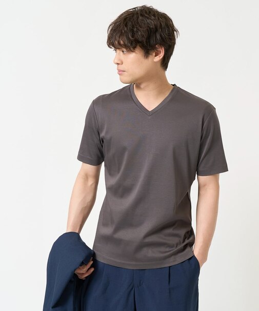 【接触冷感/UVカット/毛玉になりにくい】シルケットスムースVネックカットソー