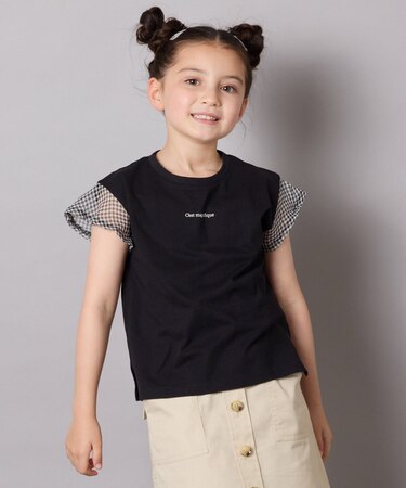 【接触冷感/毛玉になりにくい/綿100％】[100-160]シアーギンガムフレアスリーブＴシャツ