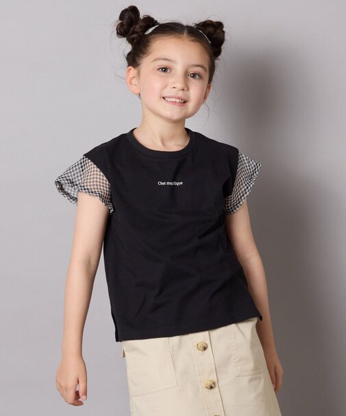 【接触冷感/毛玉になりにくい/綿100％】[100-160]シアーギンガムフレアスリーブＴシャツ