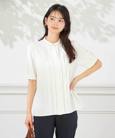 【洗える】配色ピンタックブラウス