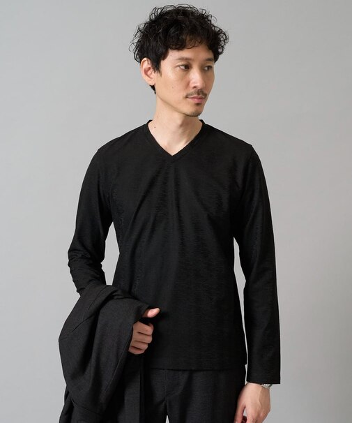 【雑誌MonoMax11月号掲載】針抜きジャカードＶネックＴシャツ【洗濯機で洗える/毛玉になりにくい】通勤/ビジネス/ジャケット〈ON/OFF SERIES〉