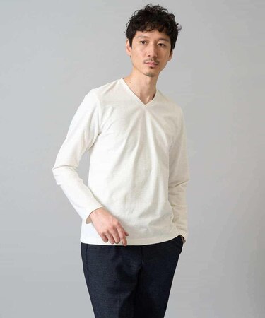 【雑誌MonoMax11月号掲載】針抜きジャカードＶネックＴシャツ【洗濯機で洗える/毛玉になりにくい】通勤/ビジネス/ジャケット〈ON/OFF SERIES〉