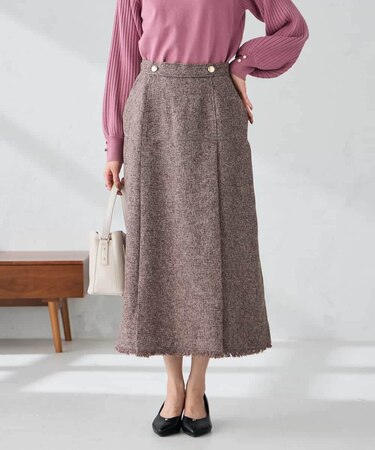 ツイード調裾フリンジAラインスカート