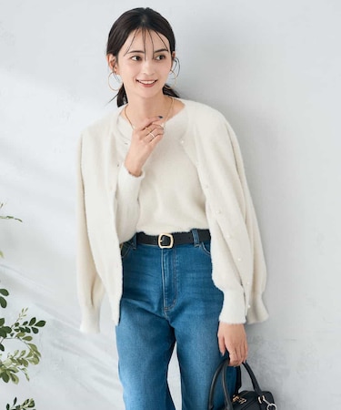ヘアリーラメクルーネックカーディガン