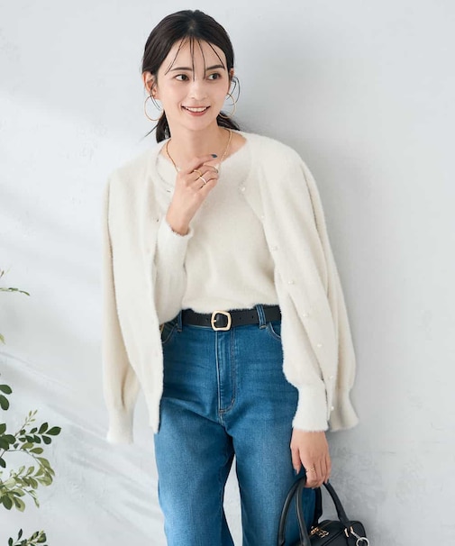 ヘアリーラメクルーネックカーディガン