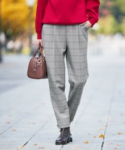 【イージーケア/洗える/ストレッチ】裏起毛美ラクるスッキリ見えチェックテーパードパンツ