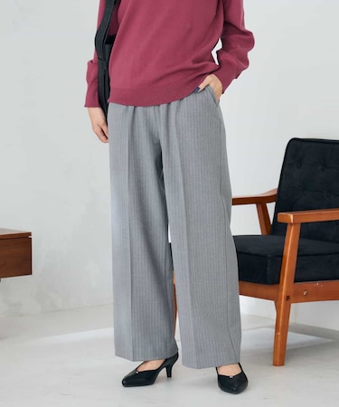 【イージーケア/洗える/ストレッチ】裏起毛美ラクるイージーストライプワイドパンツ