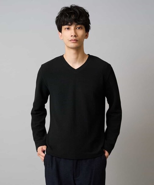 【イージーケア/洗濯機で洗える】千鳥ジャカードVネックTシャツ　通勤/ビジネス/ジャケット〈ON/OFF SERIES〉