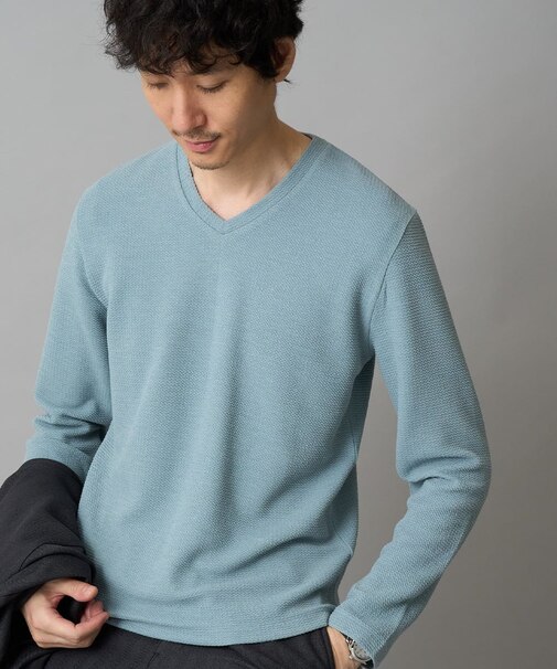 【イージーケア/洗濯機で洗える】千鳥ジャカードVネックTシャツ　通勤/ビジネス/ジャケット〈ON/OFF SERIES〉