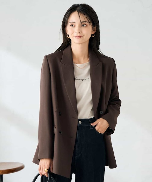 【洗える/イージーケア/ストレッチ】パウダーツイルダブルブレストジャケット