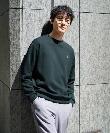 【イージーケア/毛玉になりにくい】アゼダブルフェイスワンポイント刺繍プルオーバー