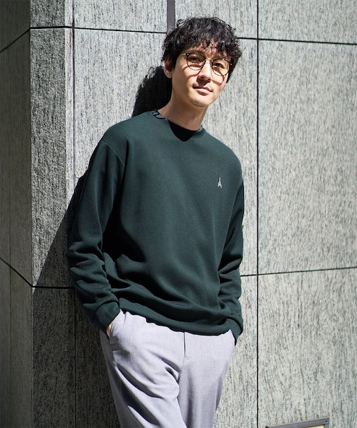 【イージーケア/毛玉になりにくい】アゼダブルフェイスワンポイント刺繍プルオーバー