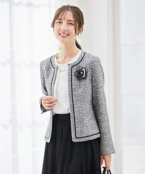 【ストレッチ】ツイードノーカラージャケット