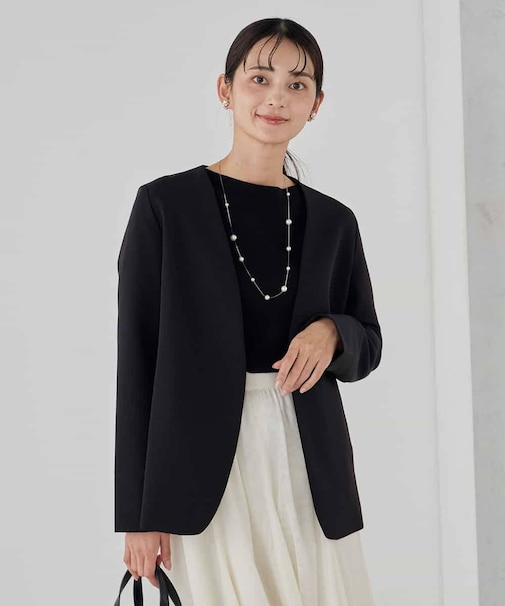 【洗える/ストレッチ/セットアップ対応】ダブルクロスVネックノーカラージャケット