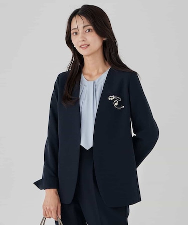 【洗える/ストレッチ/セットアップ対応】ダブルクロスVネックノーカラージャケット