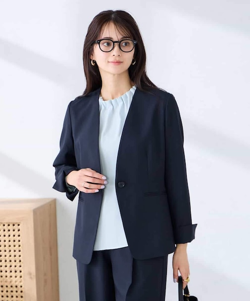 【洗える/UVカット】リネンライクストレッチノーカラージャケット