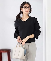 【洗える/UVカット】Vネックパフスリーブニット