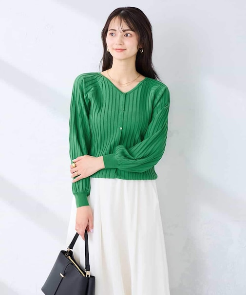 プリーツ編みVネックニットカーディガン