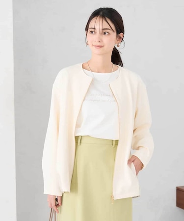 異素材切り替えノーカラーブルゾン