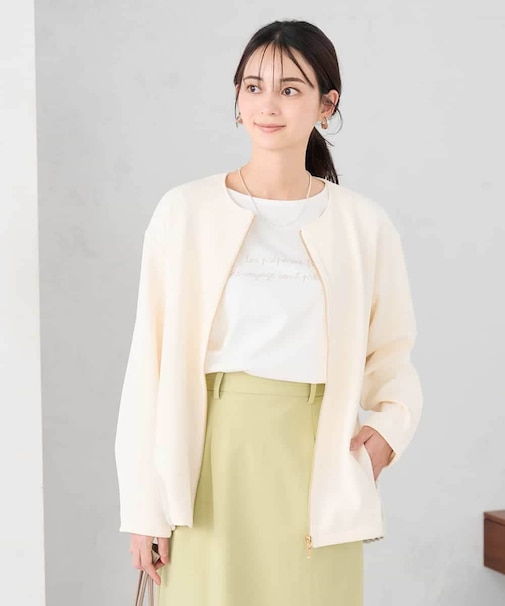 異素材切り替えノーカラーブルゾン