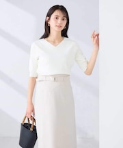 ハーフスリーブVネックサマーニット【洗える/接触冷感/UVカット】