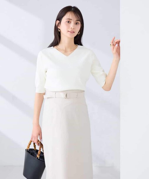 ハーフスリーブVネックサマーニット【洗える/接触冷感/UVカット】