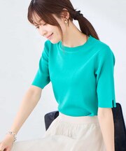 ハーフスリーブクルーネックサマーニット【洗える/接触冷感/UVカット】