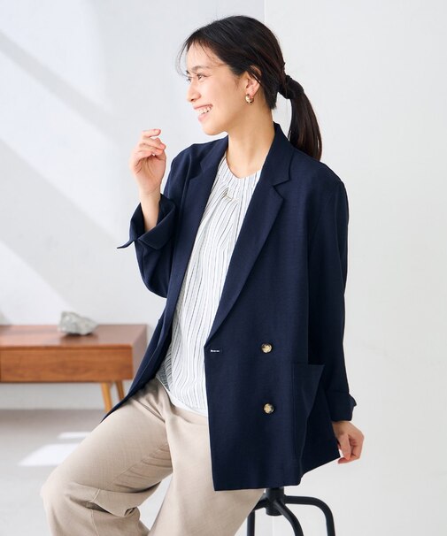 【接触冷感/UVカット/雑誌InRed(宝島社)5月号掲載】リネンライクダブルブレストジャケット【セットアップ対応/アンチピリング】