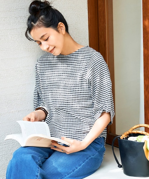 ボーダー楊柳袖デザインカットソー