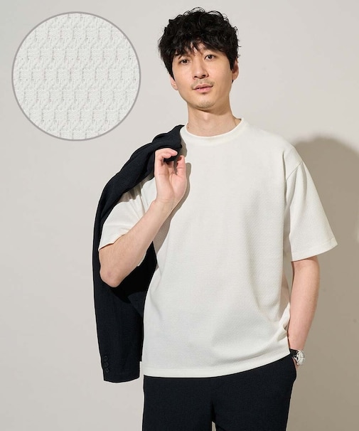 【イージーケア/洗濯機で洗える/接触冷感/毛玉になりにくい】ワイドハニカムジャカードクルーネックスマートＴシャツ