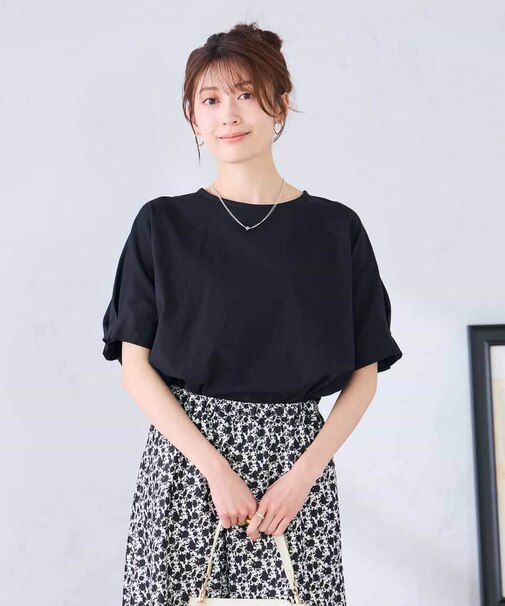 【接触冷感/UVカット/コットン 100%】タックドルマンスリーブカットソー