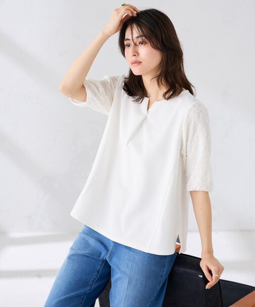 レースジャガードスリーブトップス