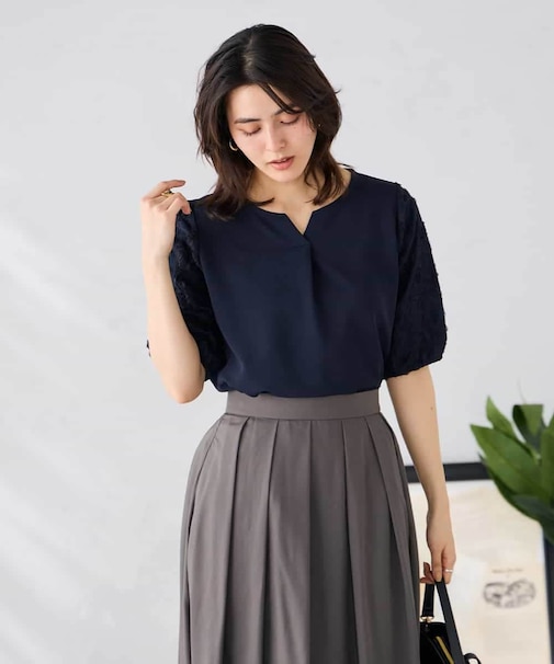 レースジャガードスリーブトップス