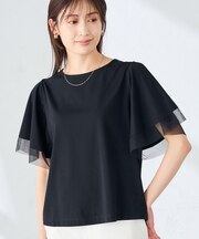 【接触冷感/UVカット】シアー切替フレアスリーブトップス