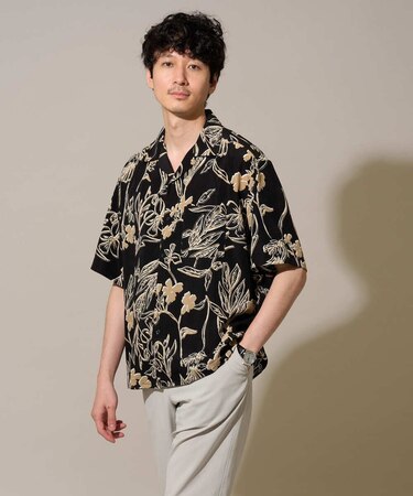 【接触冷感洗濯機で洗える/イージーケア/毛玉になりにくい】フラワープリントゴブソデオープンカラーシャツ