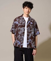 【接触冷感洗濯機で洗える/イージーケア/毛玉になりにくい】フラワープリントゴブソデオープンカラーシャツ