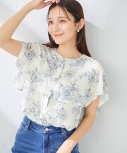 フラワープリントケープブラウス