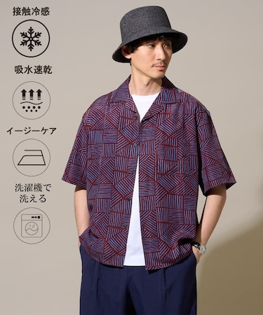 【接触冷感/洗濯機で洗える/速乾/イージーケア/毛玉になりにくい】キカプリントゴブソデオープンカラーシャツ