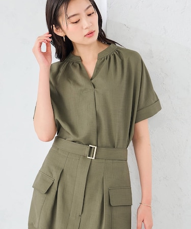 【洗える】リネンライクスキッパーギャザーブラウス