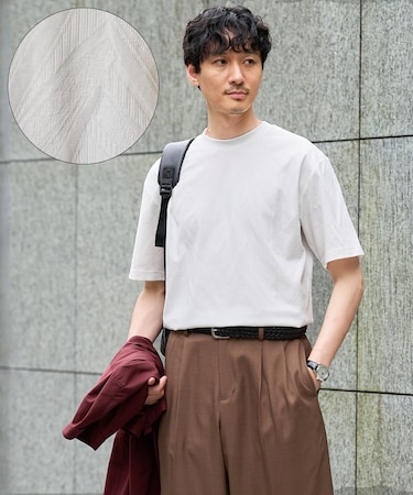 【接触冷感/イージーケア/洗濯機で洗える/毛玉になりにくい】リーフジャカードセミワイドシルエットカットソー