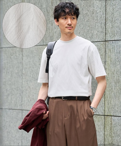 【接触冷感/イージーケア/洗濯機で洗える/毛玉になりにくい】リーフジャカードセミワイドシルエットカットソー