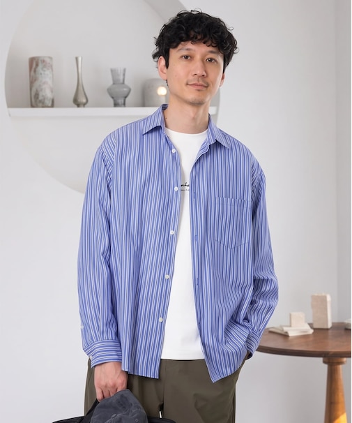 ＼秋に着たい、ラフな一枚／ランダムストライプワイドシルエットシャツ【イージーケア/洗濯機で洗える/毛玉になりにくい】