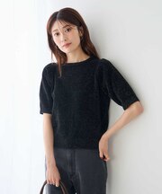 ラメベロアモールヤーンハーフスリーブトップス