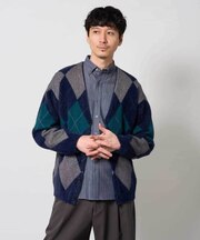 【洗濯機で洗える】シャギーアーガイルワイドシルエットカーディガン