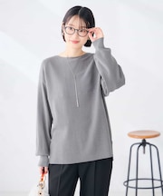 【洗える】切替 ボートネック チュニック ニット