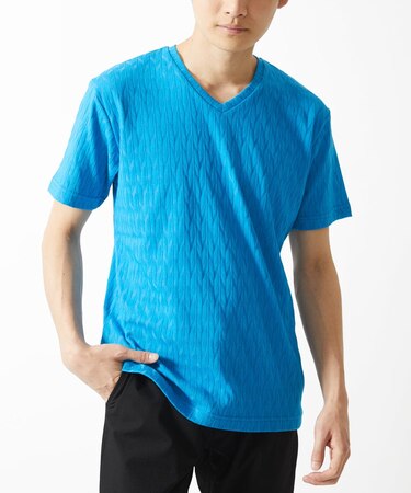 【洗える】へリンボンVネック半袖Tシャツ