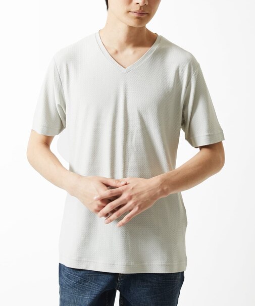 【接触冷感 / ひんやり】 スリップウエーブジャガードVネックTシャツ