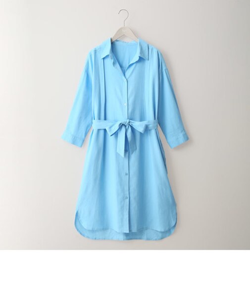 麻混ベルト付きシャツワンピース